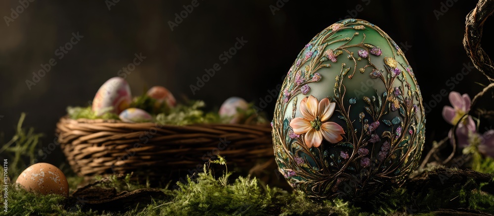 Poster decorative easter egg with floral design amidst moss and natural elements in a warm, inviting settin