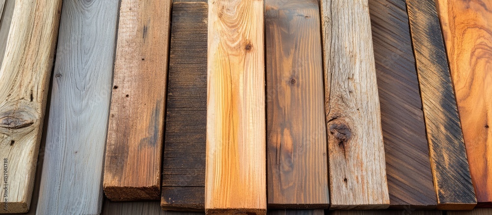 Aufkleber Weathered wooden planks in various hues creating a rustic background perfect for crafting design projects or home decor inspiration