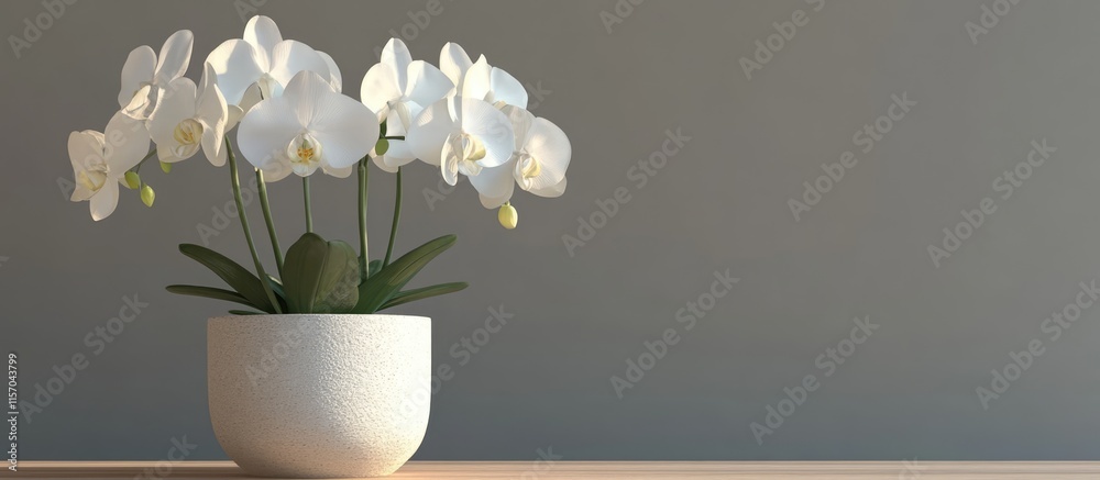 Aufkleber elegant white orchid arrangement in a minimalist planter on a smooth grey background for modern inte