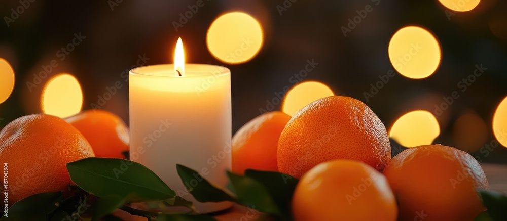Poster candlelight ambiance with fresh tangerines creating a warm and inviting atmosphere in a blurred back