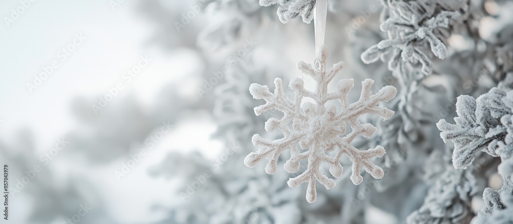 Aufkleber Elegant white snowflake ornament hanging on a frosted tree creating a serene winter backdrop with space for your holiday messages