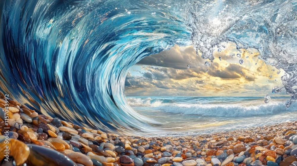 Poster rolling sea wave capturing pebbles on a beach with a vibrant sky reflecting sunlight in a tranquil c