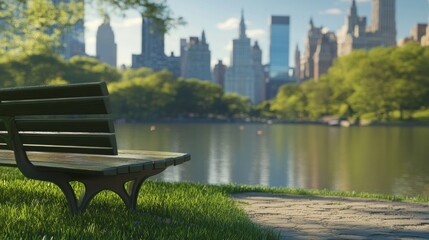 Peaceful park view with city skyline in background.