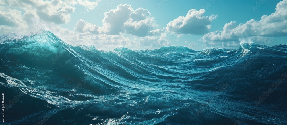 Poster Vibrant ocean waves under a serene sky with fluffy clouds creating a calming coastal atmosphere and inviting beach scenery