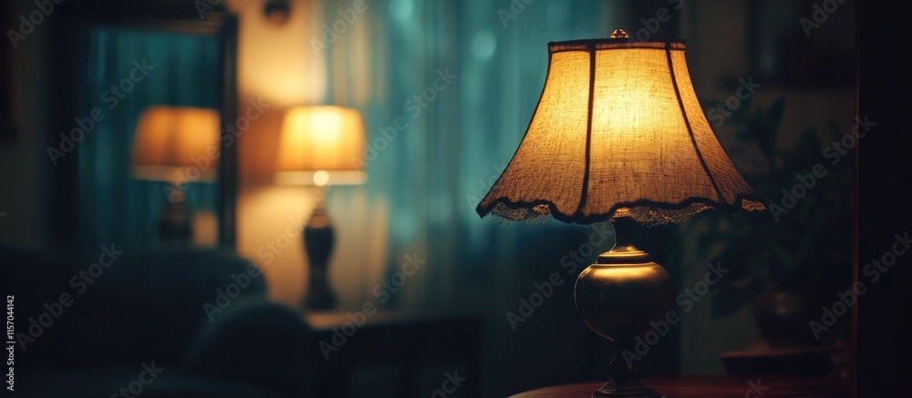 Poster Cozy vintage lamp casting a warm glow in a dimly lit room with a soft blurred background creating an inviting atmosphere