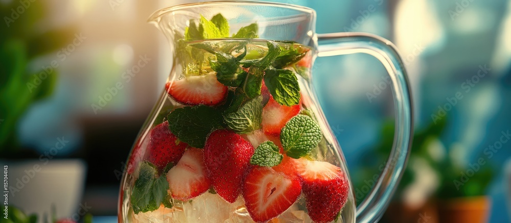 Poster refreshing strawberry mint water in a glass pitcher with a soft blurred background highlighting a vi