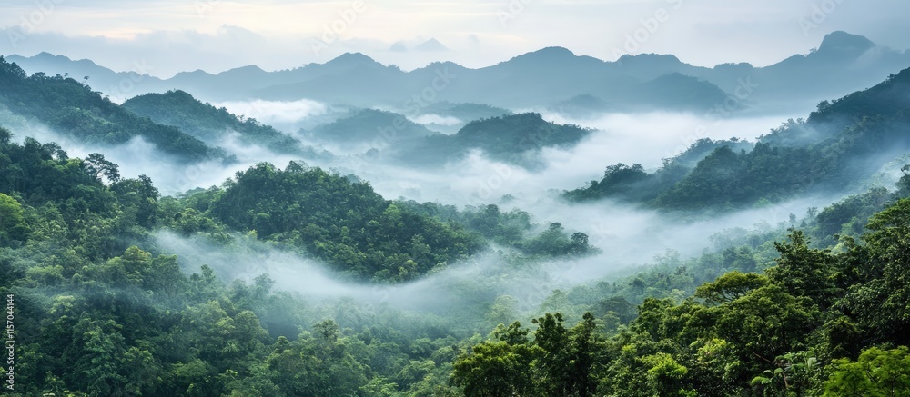Aufkleber Misty mountainscape with lush greenery and ethereal fog creating a serene and tranquil atmosphere in nature's landscape.