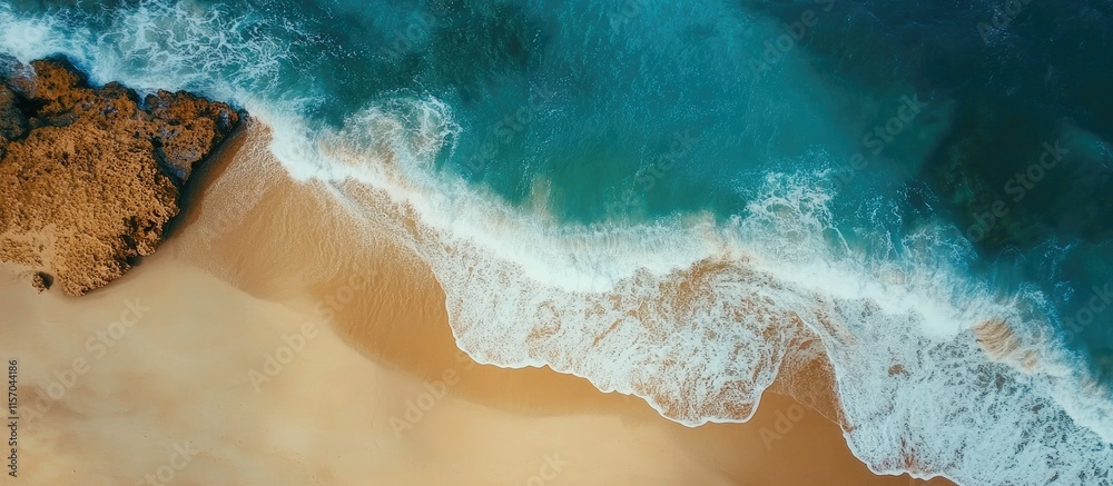Poster scenic aerial view of gentle waves lapping against a sandy beach with rocky formations in a serene c