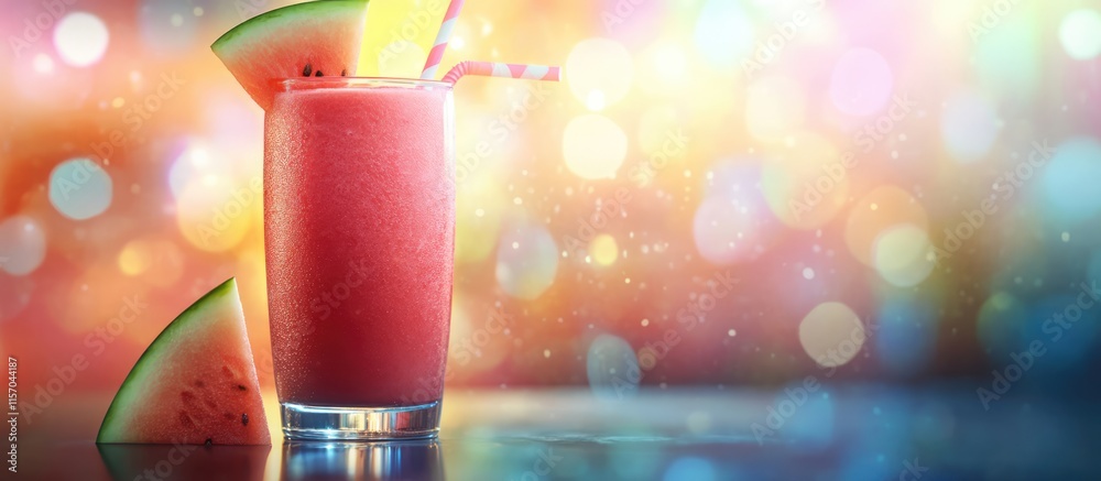 Poster Refreshing watermelon smoothie with vibrant bokeh background showcasing summer vibes and colorful aesthetics