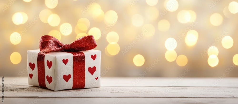 Poster white gift box with red bow and heart patterns on wooden surface with dreamy gold bokeh background f