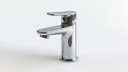 Modern chrome faucet design isolated on white background showcasing sleek lines and functionality for bathroom or kitchen use.