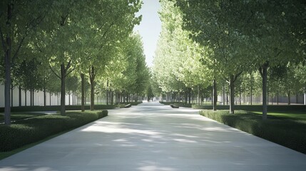 Fototapeta premium Peaceful tree-lined pathway in a green setting.