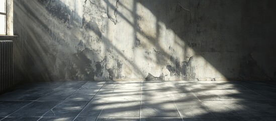 Moody vintage interior featuring a grey concrete floor and wall with torn tiles illuminated by dramatic light from a window