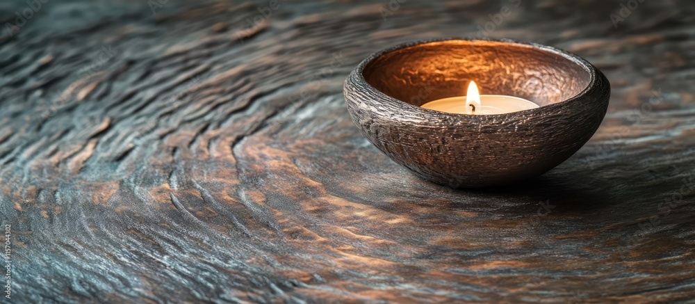 Aufkleber warm tea light candle in a rustic bowl on textured wooden surface enhancing a serene and calming amb