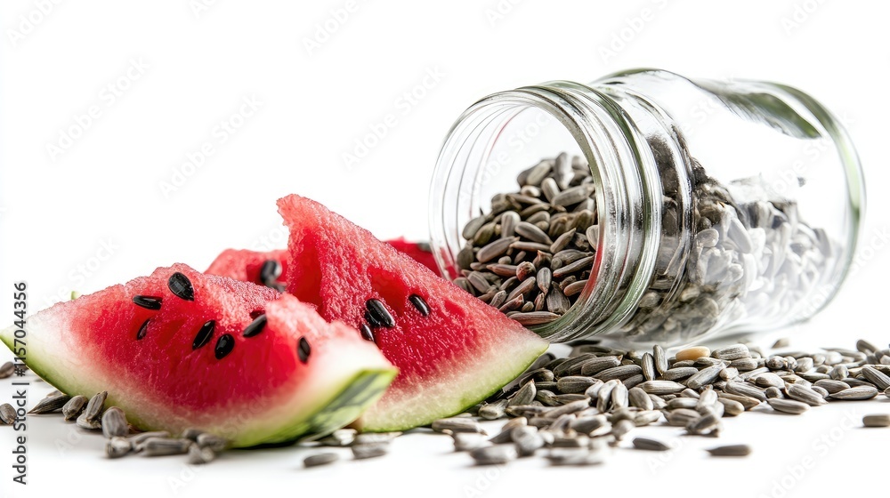 Aufkleber watermelon and sunflower seeds displayed with a jar and fresh watermelon slices on a white backgroun