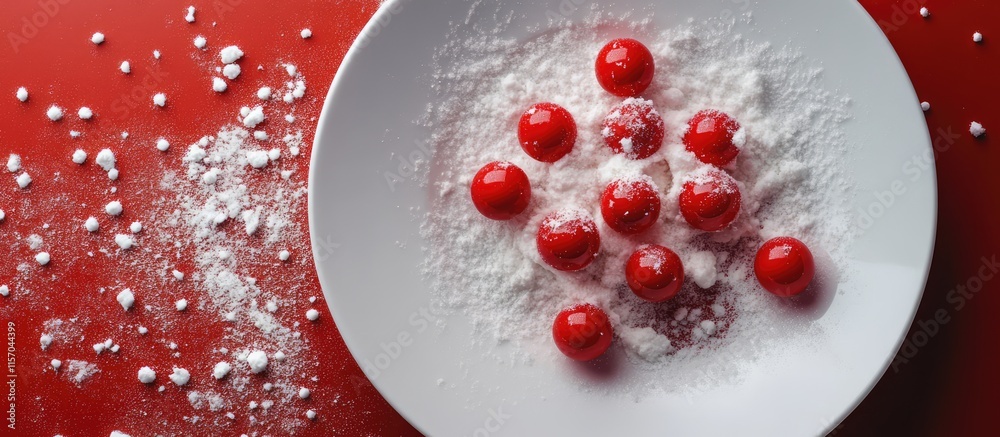 Aufkleber White plate with red decorative balls surrounded by powdered snow on a red surface creating a festive winter theme.