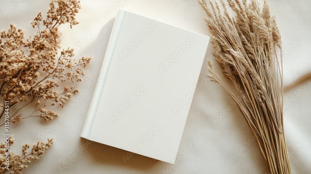 Poster minimalistic white book mockup styled with dried pampas grass on a soft beige table for elegant bran