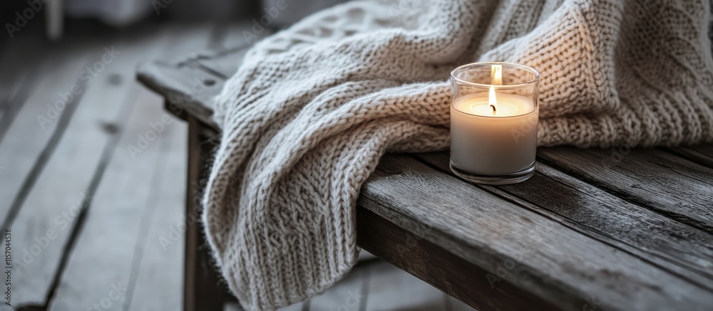 Poster cozy sweater and candle on rustic wooden bench creating a tranquil monochrome atmosphere for stylish