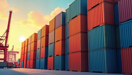 Fototapeta premium Colorful shipping containers stacked high in port at sunset. Cargo containers in various vibrant colors form wall. Port crane visible on left. Trucks parked in foreground. Image suggests global