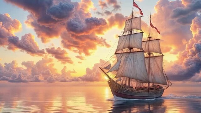 Beautiful old sailboat in sunset rays on the sea, old sailing brigantine