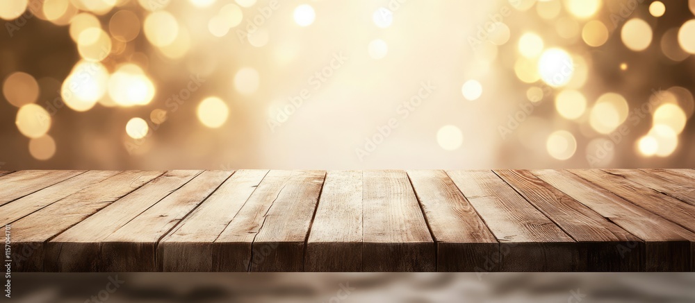 Poster Warm wooden tabletop with a blurred golden bokeh background creating an inviting atmosphere for dining or display purposes