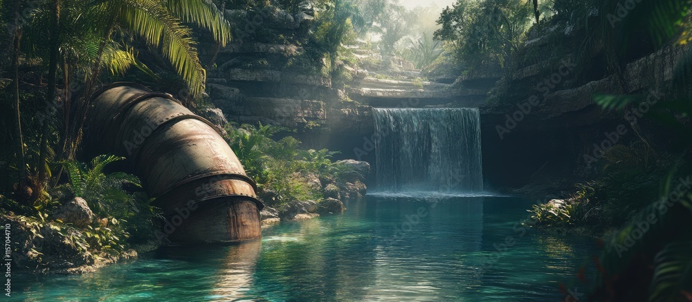 Poster water cascading from a pipe into a serene artificial lagoon surrounded by lush greenery and tranquil