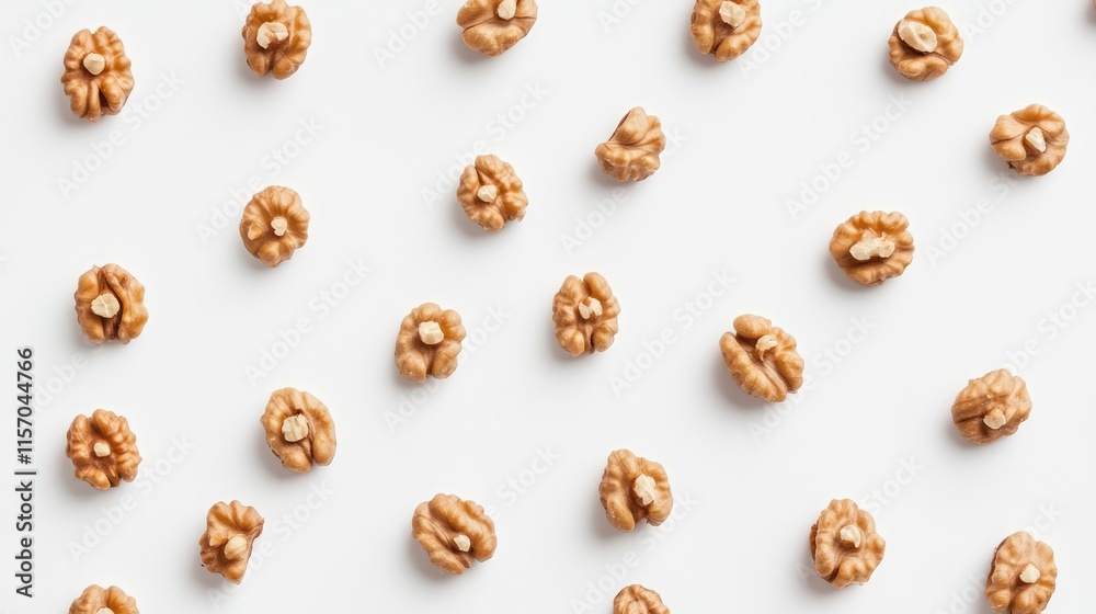 Poster Walnut kernels neatly arranged on a white background showcasing their natural texture and color in a bird's eye view composition