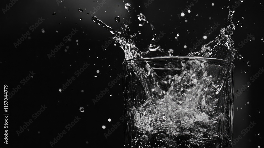 Poster dynamic water splash from a glass captured against a dark background highlighting motion and contras
