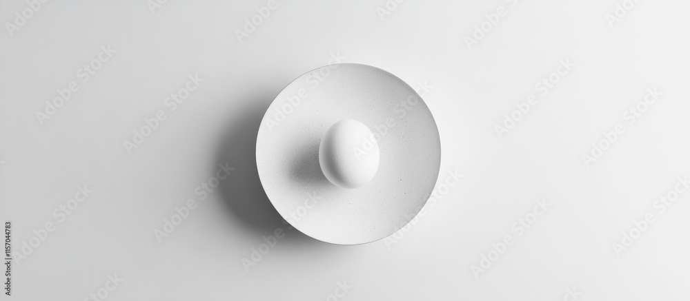Aufkleber minimalist composition of a white egg placed on a round white plate against a clean white background