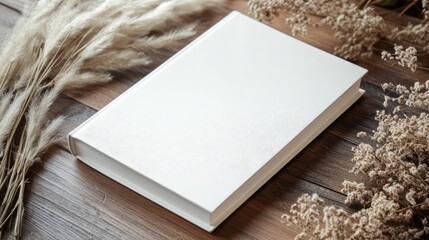 Fototapeta premium Minimalist white book mockup surrounded by pampas grass on a rustic wooden table perfect for branding and design presentations