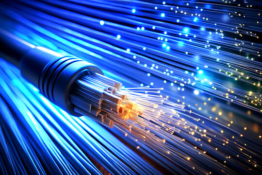 Fiber optical network cable close up with bokeh light background