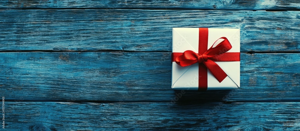 Poster white gift box with red ribbon on blue wooden surface with empty space for seasonal text and design 