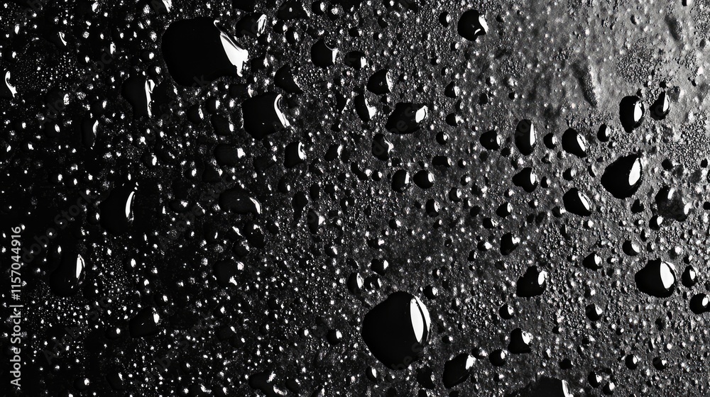 Poster black and white close-up of water droplets on a surface creating a textured background with intricat
