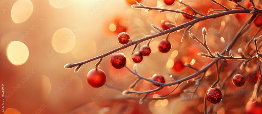Aufkleber warm color background with tree branches adorned with decorative red berries and soft glowing bokeh 