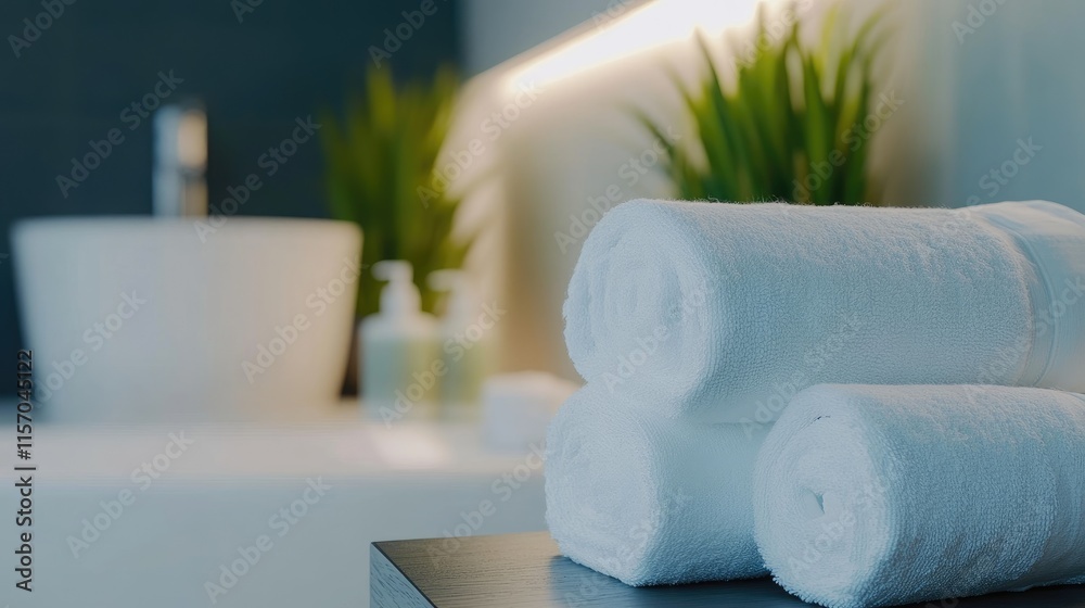 Aufkleber Elegant white towels neatly rolled on a sleek table in a serene hotel spa environment with soft lighting and refreshing greenery.