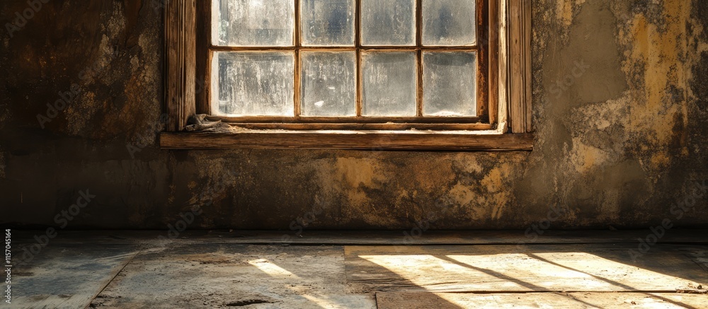 Poster rustic vintage wooden window frame on weathered cement floor showcasing timeless charm and character