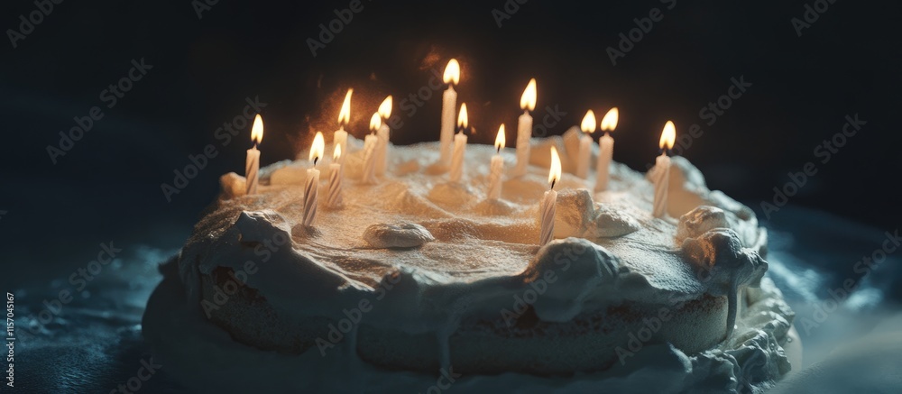 Aufkleber festive white cream cake adorned with lit candles set against a dark background creating a warm cele