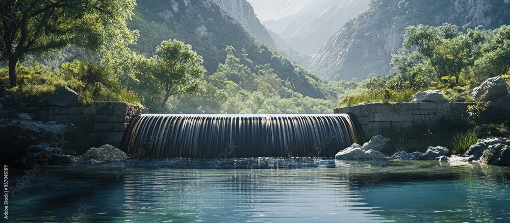 Poster tranquil landscape featuring water flowing from a pipe into a serene artificial lagoon surrounded by