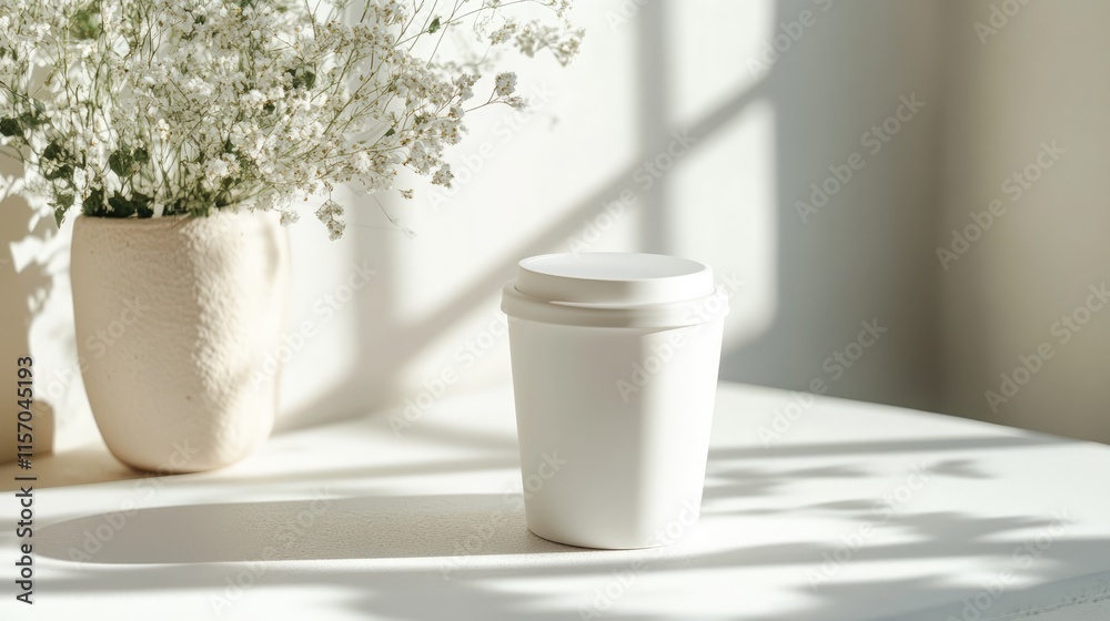 Poster ceramic coffee cup mockup with lid on light background complemented by decorative flowers creating a