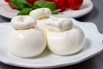 Cheese collection, fresh soft white burrata cheese ball made from mozzarella and cream from Apulia, Italy, close up