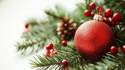 Red Christmas ornament on pine branch detail.