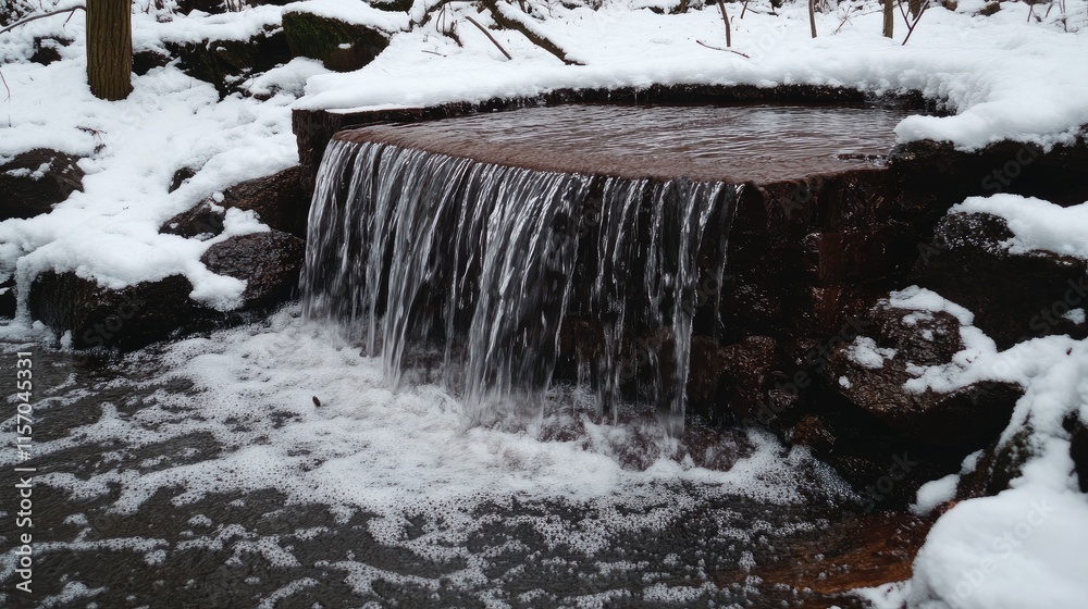 Poster tranquil winter waterfall cascading over rocks in a serene rainforest setting with snow-covered surr