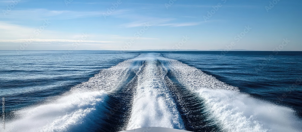 Poster Boat wake on calm water with blue skies showcasing speed and movement of the vessel creating dynamic waves in the ocean scenery.