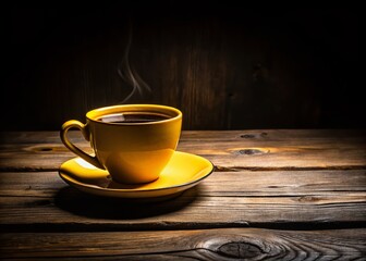 Obraz premium Silhouette of Black Coffee in Yellow Cup on Rustic Wooden Table