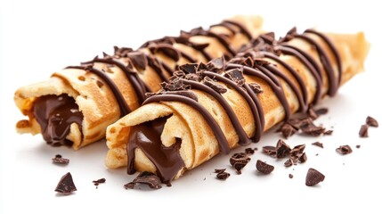 Delicious waffle rolls filled with chocolate cream drizzled with chocolate and topped with chocolate shavings on a white background