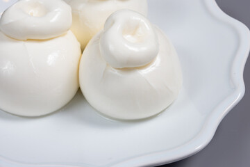 Cheese collection, fresh soft white burrata cheese ball made from mozzarella and cream from Apulia, Italy, close up