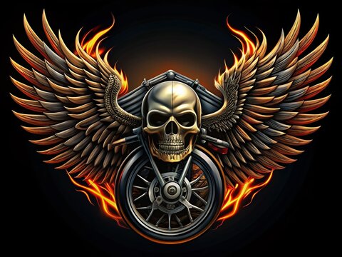 Silhouette of Biker Skull, Wing, and Wheel - Motorcycle Club Emblem - Powered by Adobe