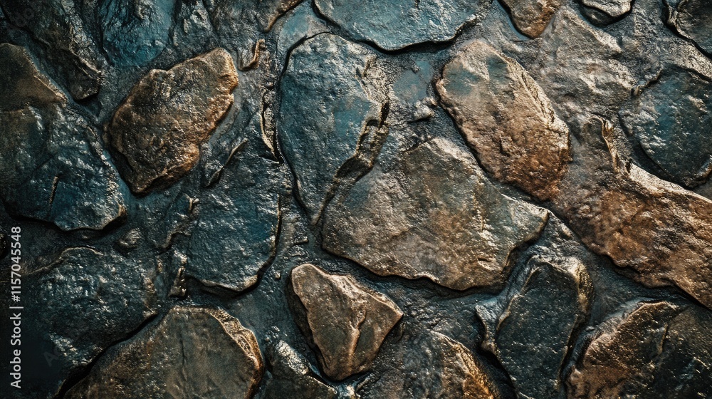 Poster Textured stone surface in a swimming pool area with rich color tones and water reflections ideal for design and architecture projects