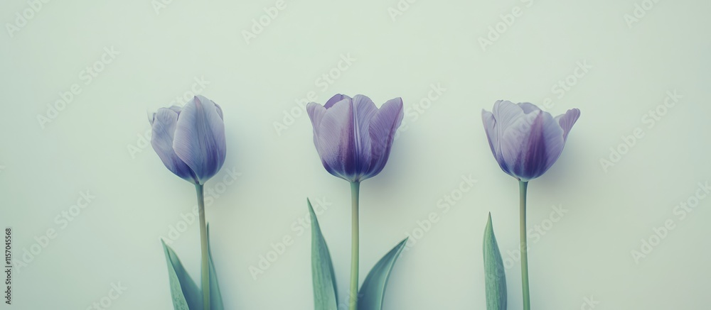 Poster Violet tulips elegantly arranged with green stems on a minimalistic white background showcasing beauty and simplicity in floral design