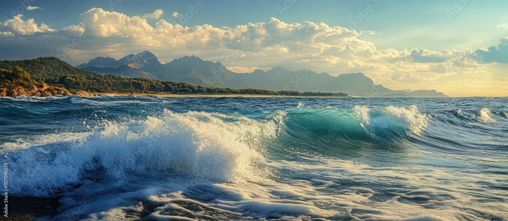 Poster waves crashing on a serene beach with majestic mountains and a vibrant sky in the background during 